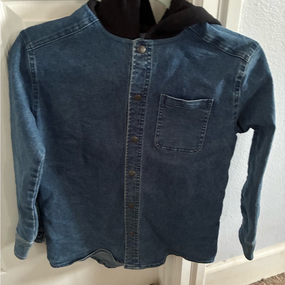 Epic Threads Blue Denim Button-Up Shirt with Black Hood